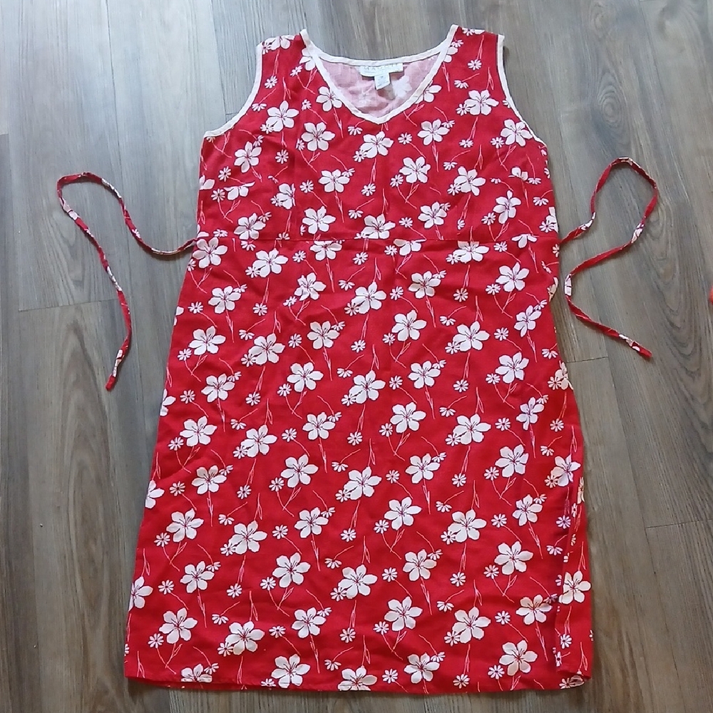 Maggie MCNaughton 100% Linen Red And White Hawaiian Flower Sleeveless Dress EUC
